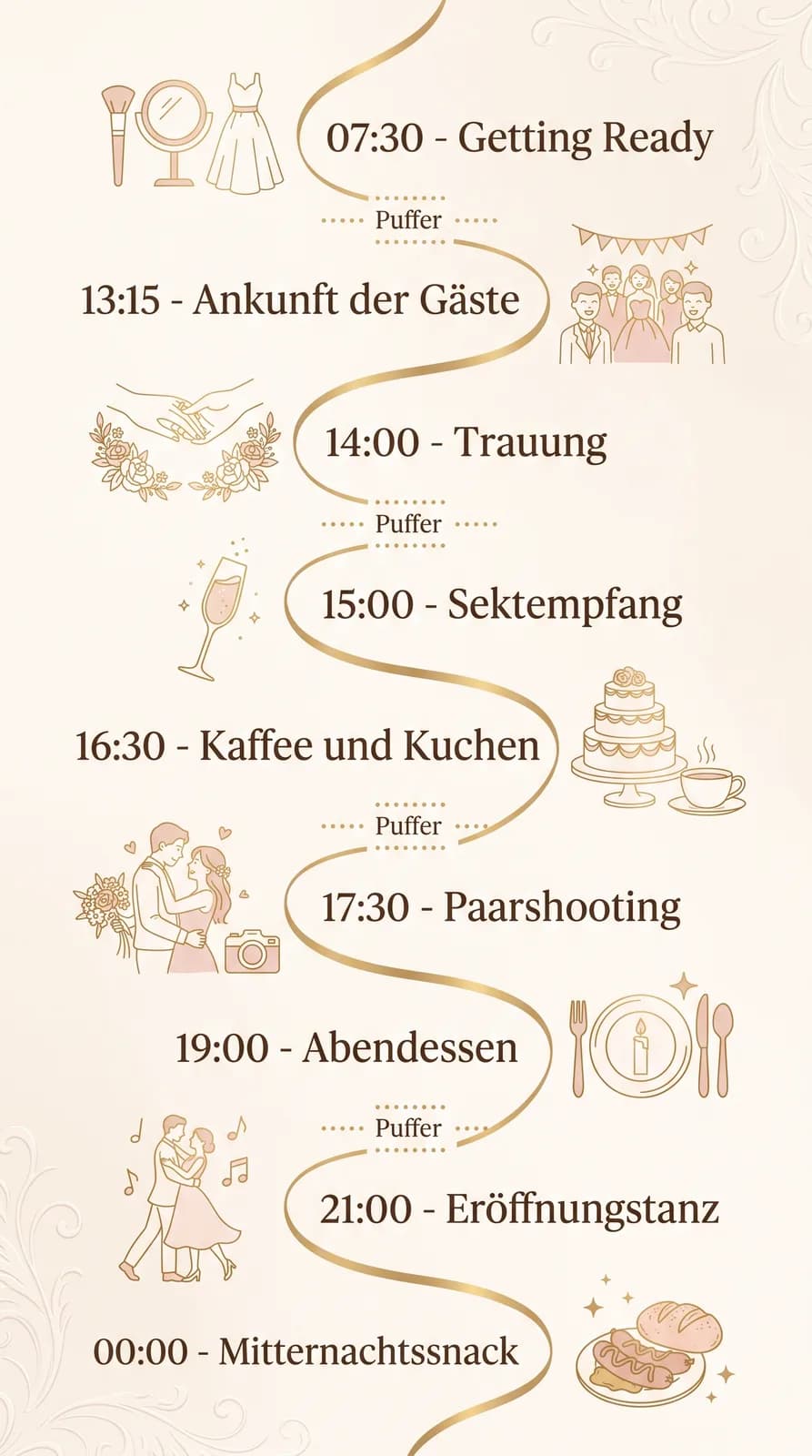 Realistischer Ablaufplan für eine Hochzeit mit Trauung um 14 Uhr