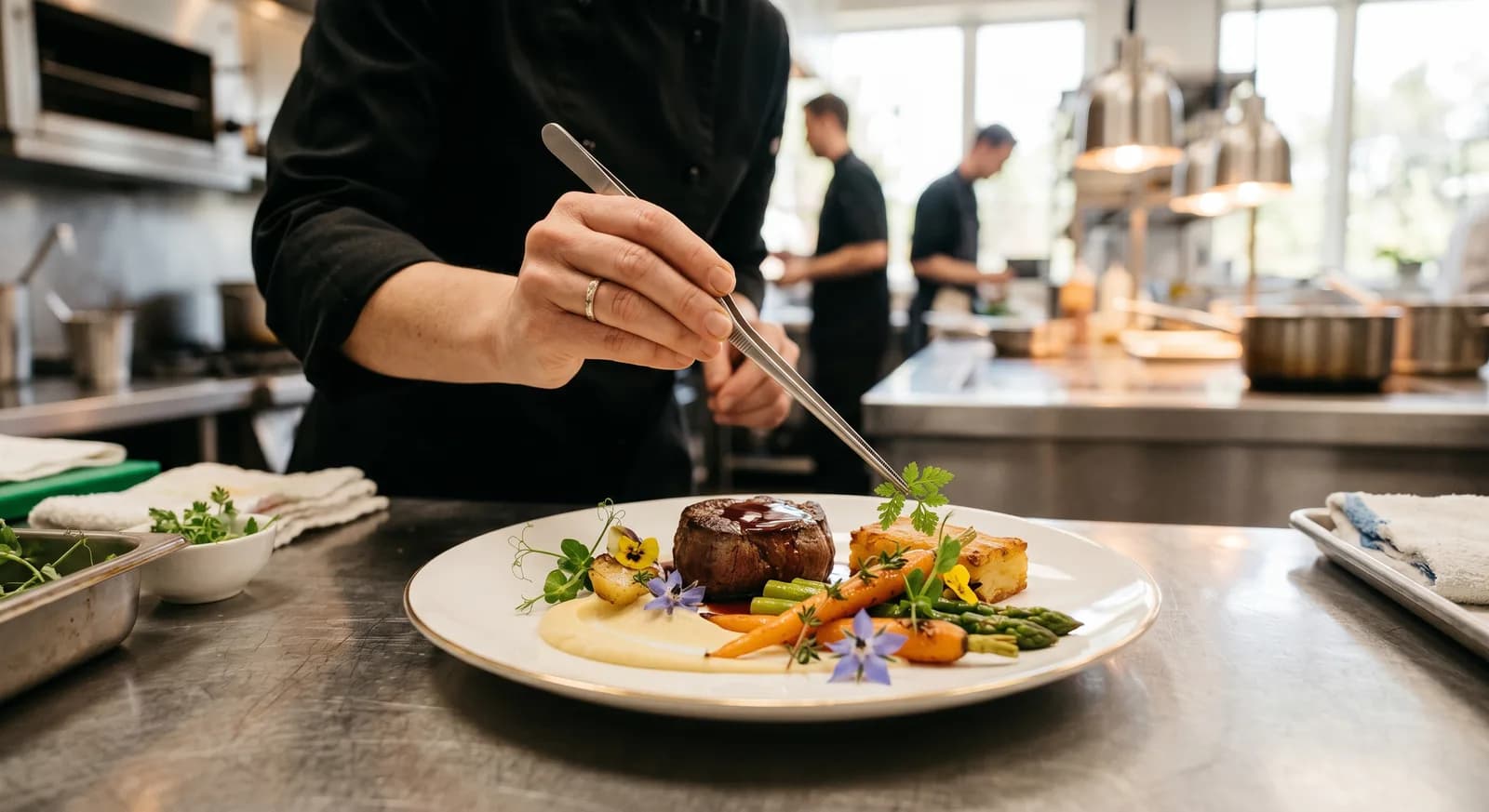 Ein Caterer richtet Teller in einer professionellen Küche an
