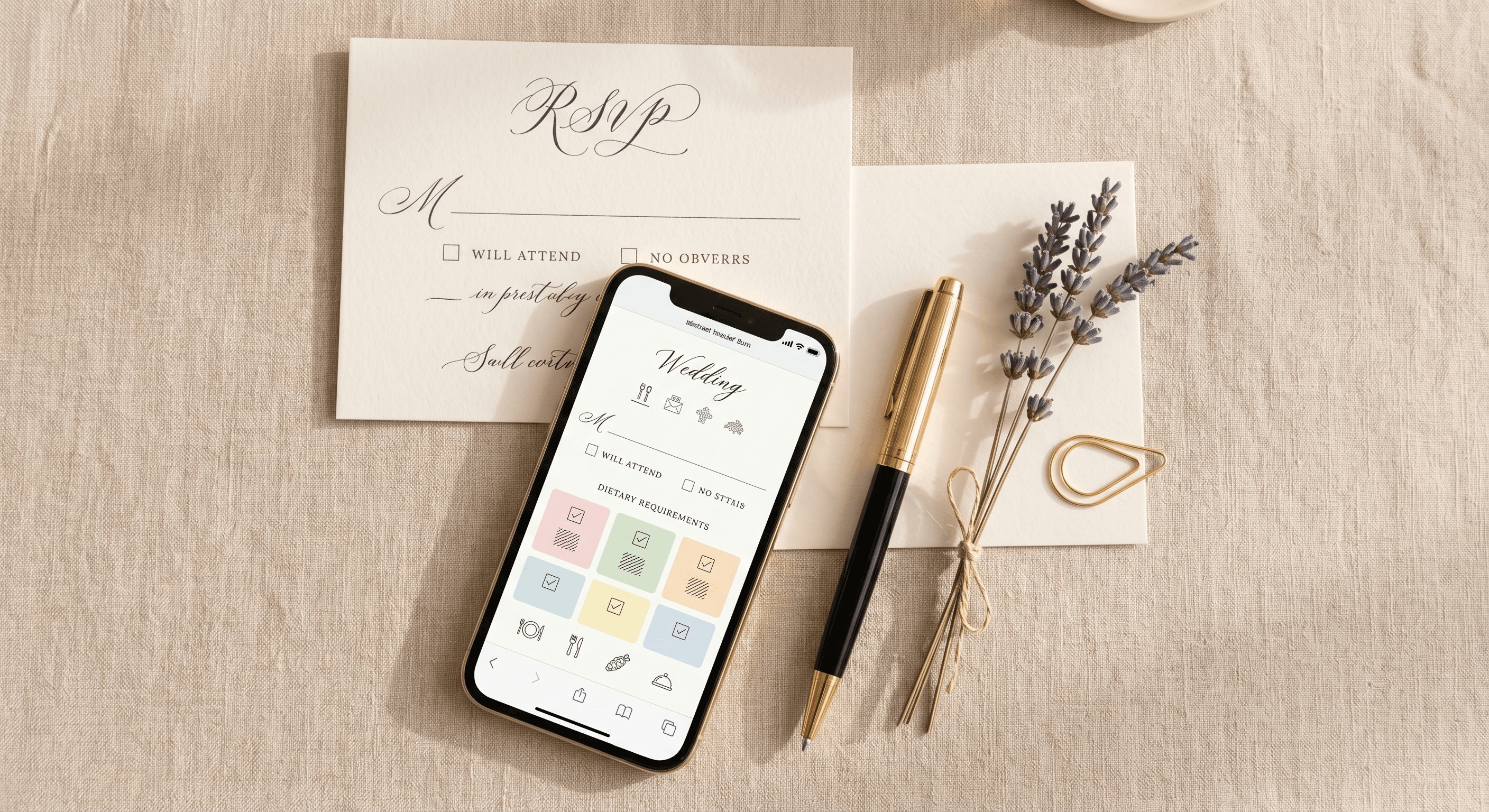 A flat lay showing a printed RSVP card and a phone displaying a dietary checkbox grid