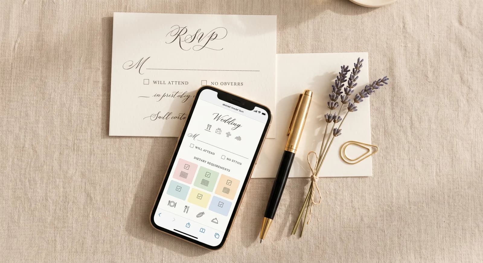 Flat-Lay einer Antwortkarte und eines Smartphones mit Auswahlfeldern für Essenswünsche