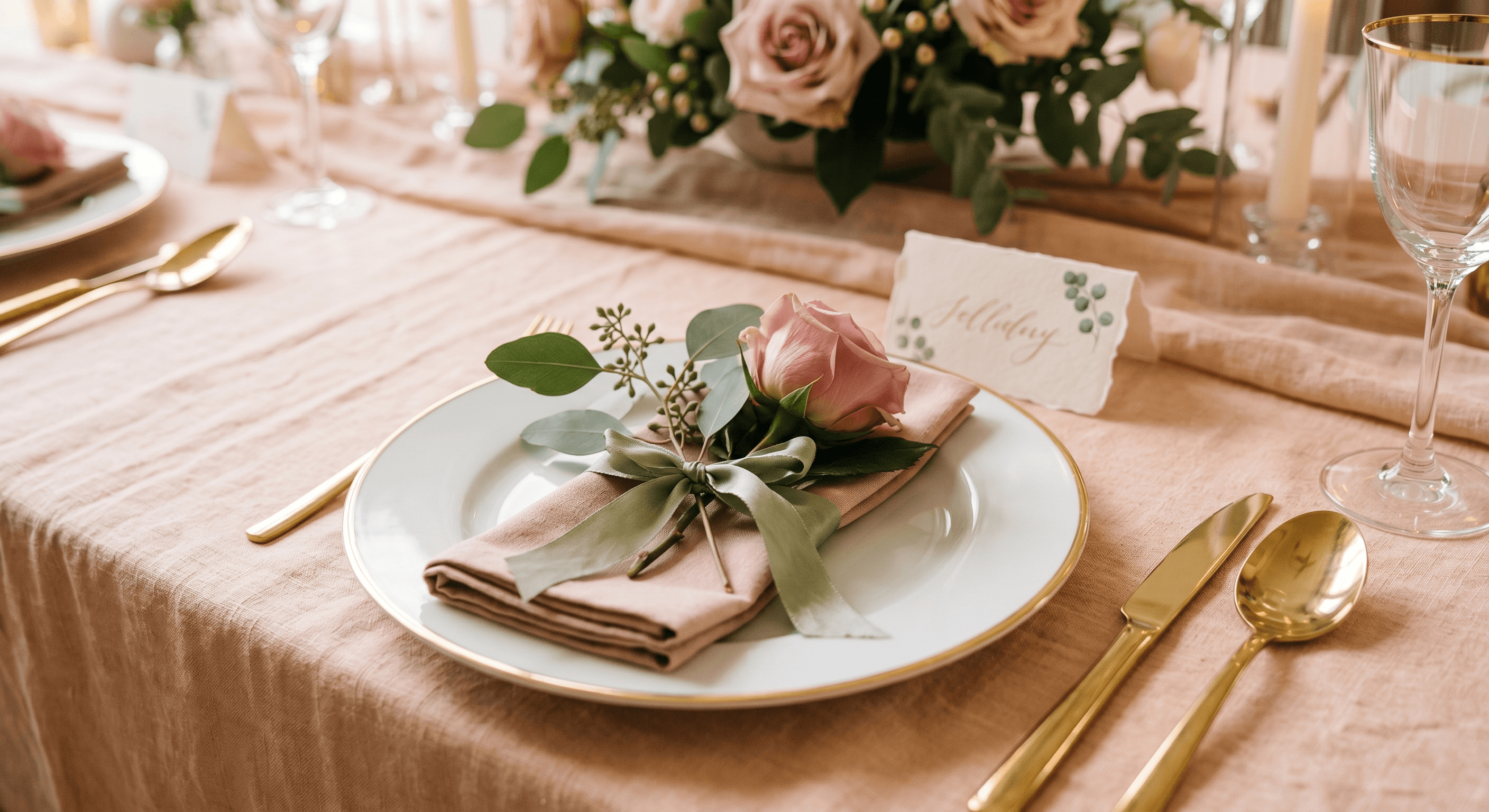 A wedding place setting with a handwritten place card on a soft pastel tablecloth