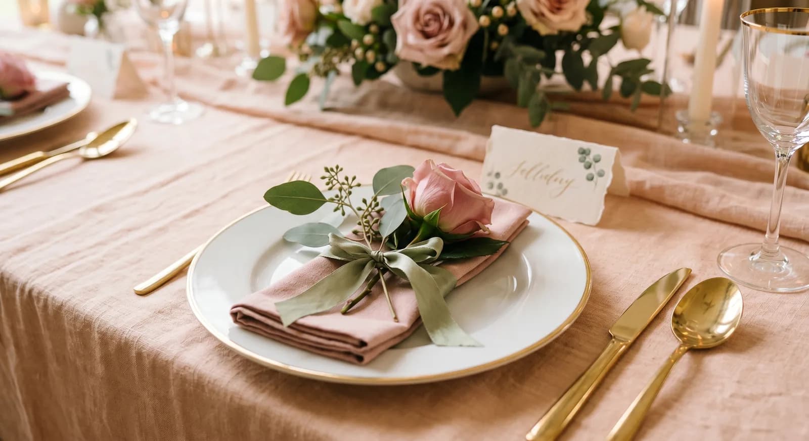 Ein gedeckter Hochzeitstisch mit handgeschriebener Tischkarte auf pastellfarbenem Tischtuch