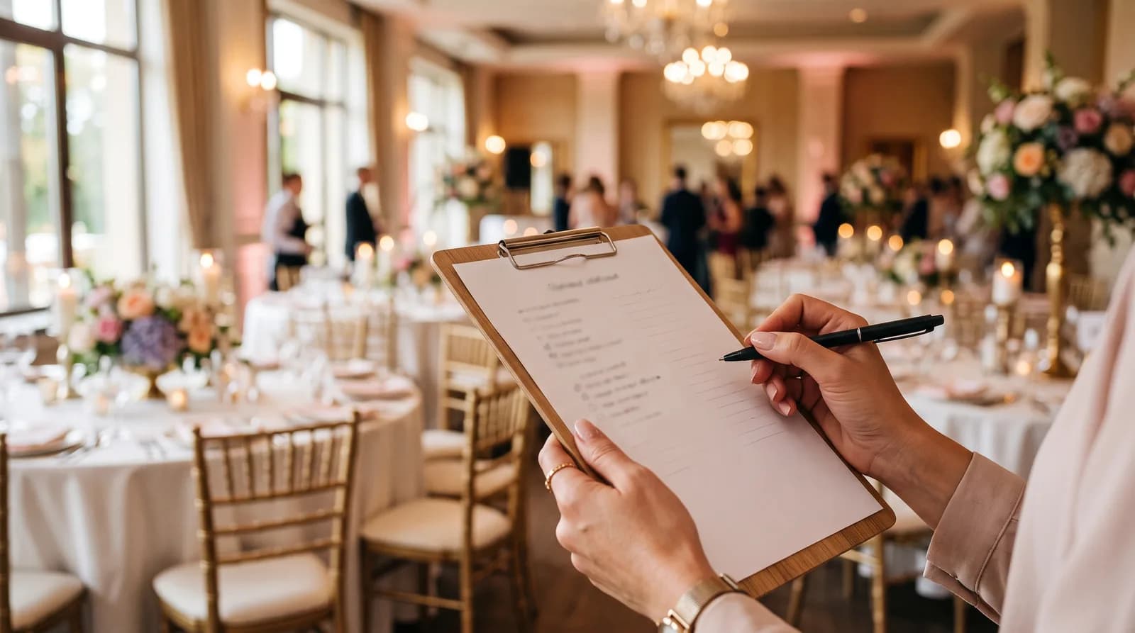 Couple taking notes on a checklist during a wedding venue visit