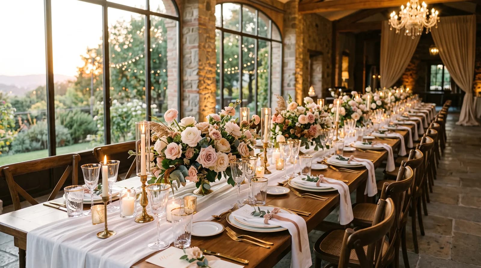 Festive wedding reception table setting in warm golden evening light