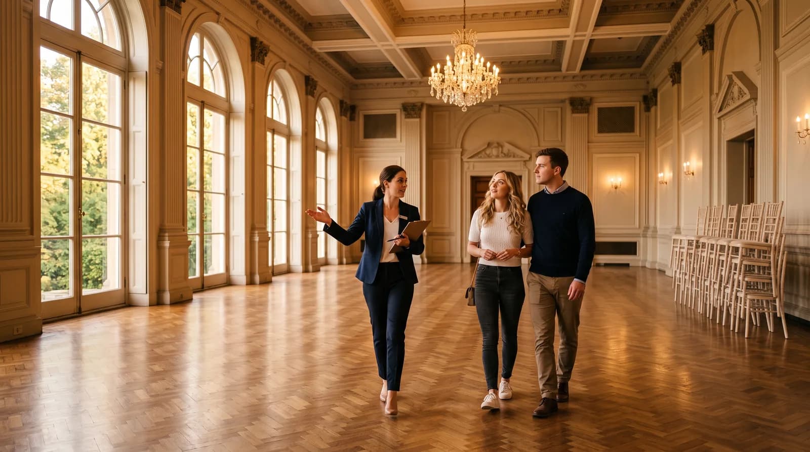 Couple touring an elegant wedding venue hall with warm natural light