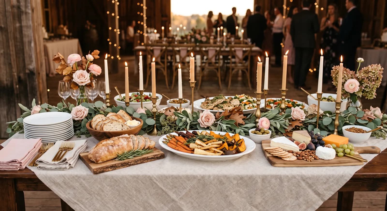 Elegant simple wedding buffet with seasonal food and greenery decor