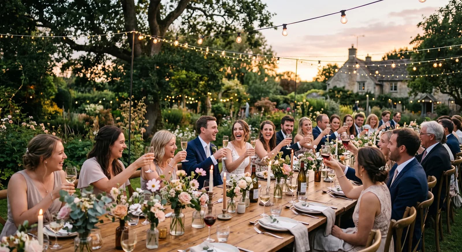 Small outdoor wedding dinner with string lights and a long shared table