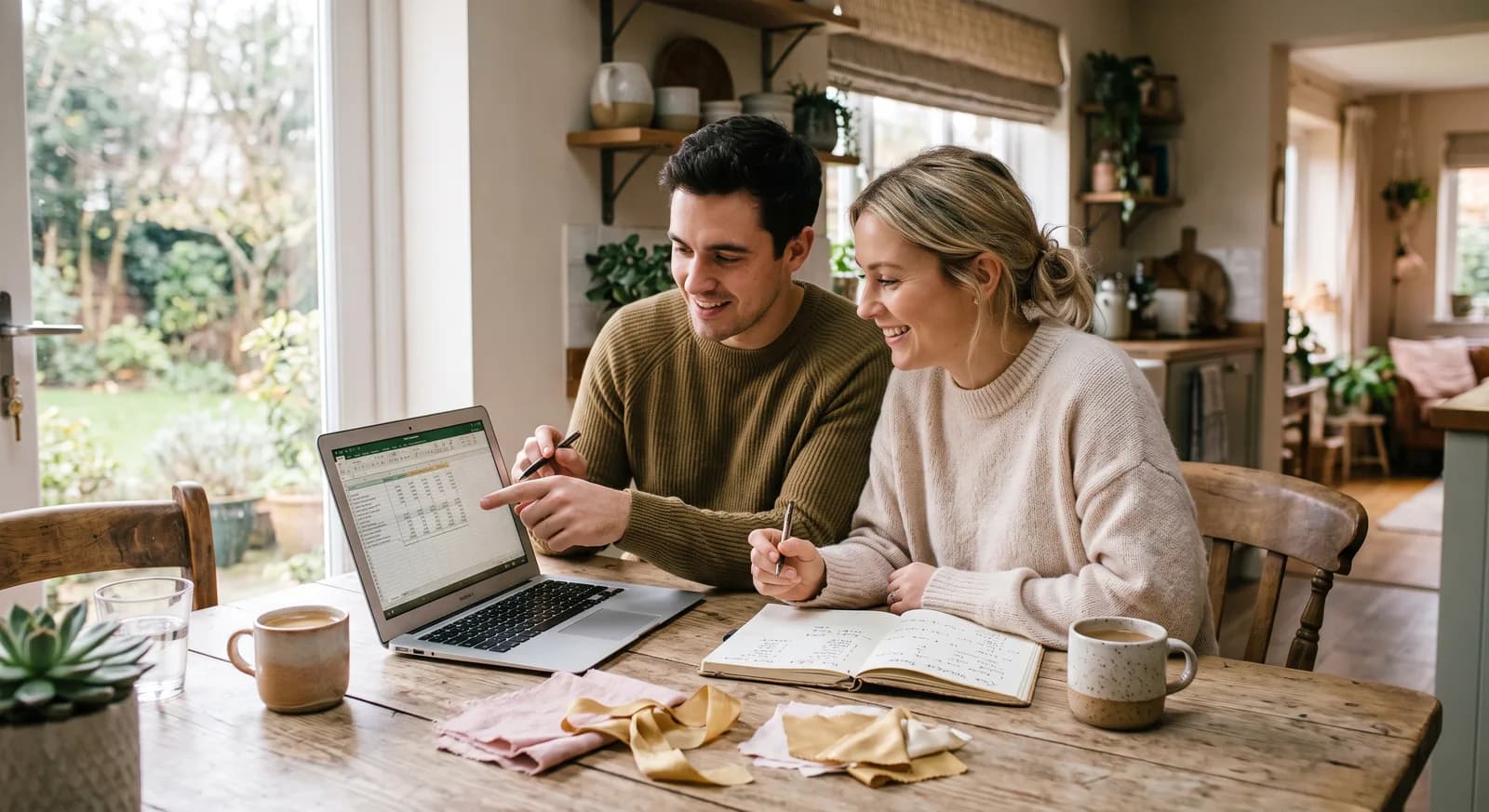 Couple planning their wedding budget together at the kitchen table