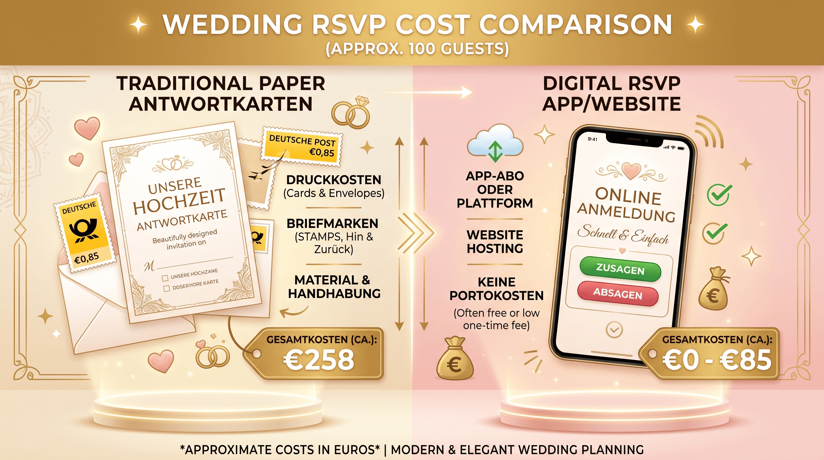 Kostenvergleich: digitale RSVP vs Papier-Antwortkarte für 80 und 150 Hochzeitsgäste