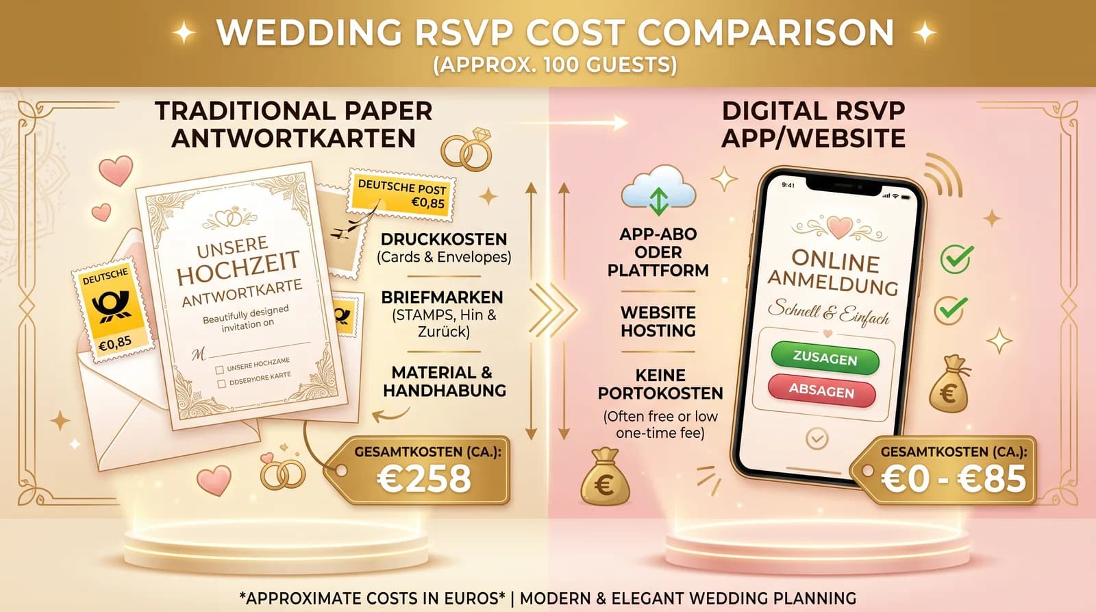 Kostenvergleich: digitale RSVP vs Papier-Antwortkarte für 80 und 150 Hochzeitsgäste