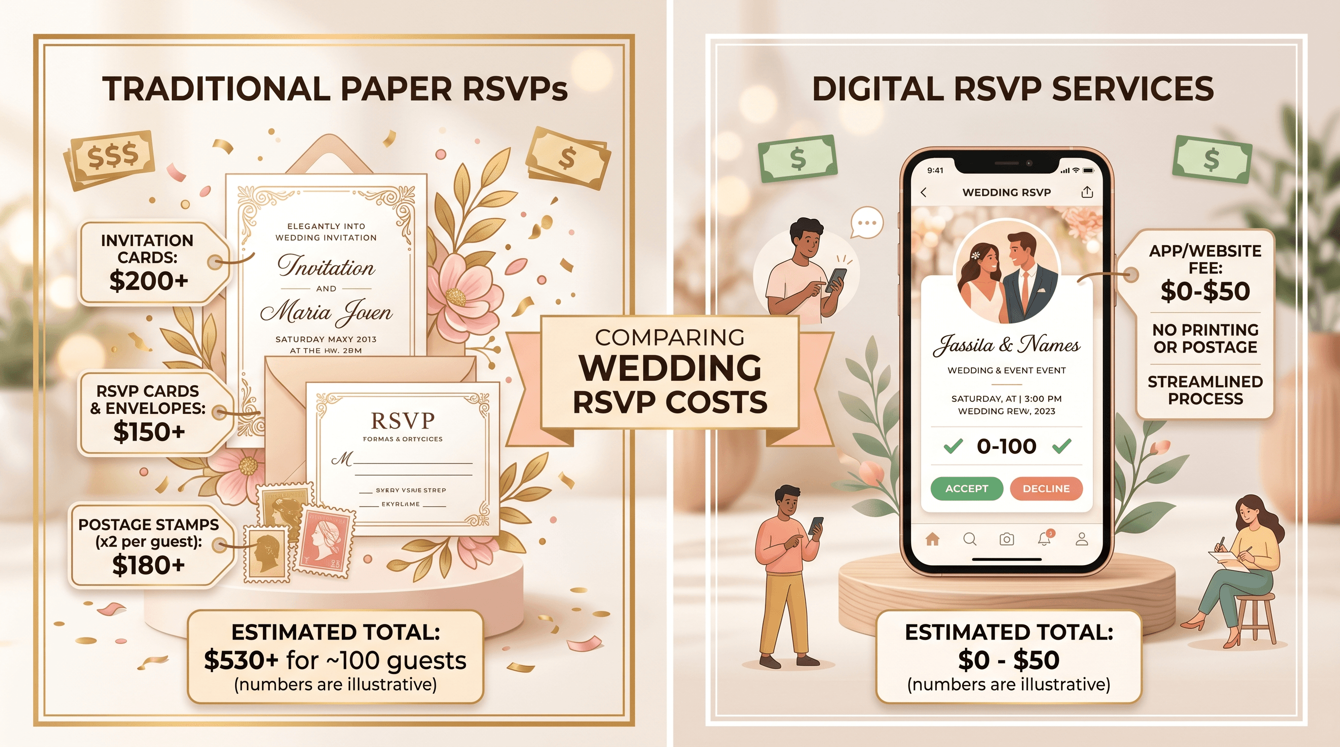 Cost comparison of digital RSVP vs paper RSVP for 100 and 200 wedding guests