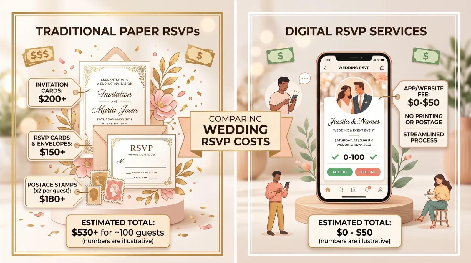 Cost comparison of digital RSVP vs paper RSVP for 100 and 200 wedding guests