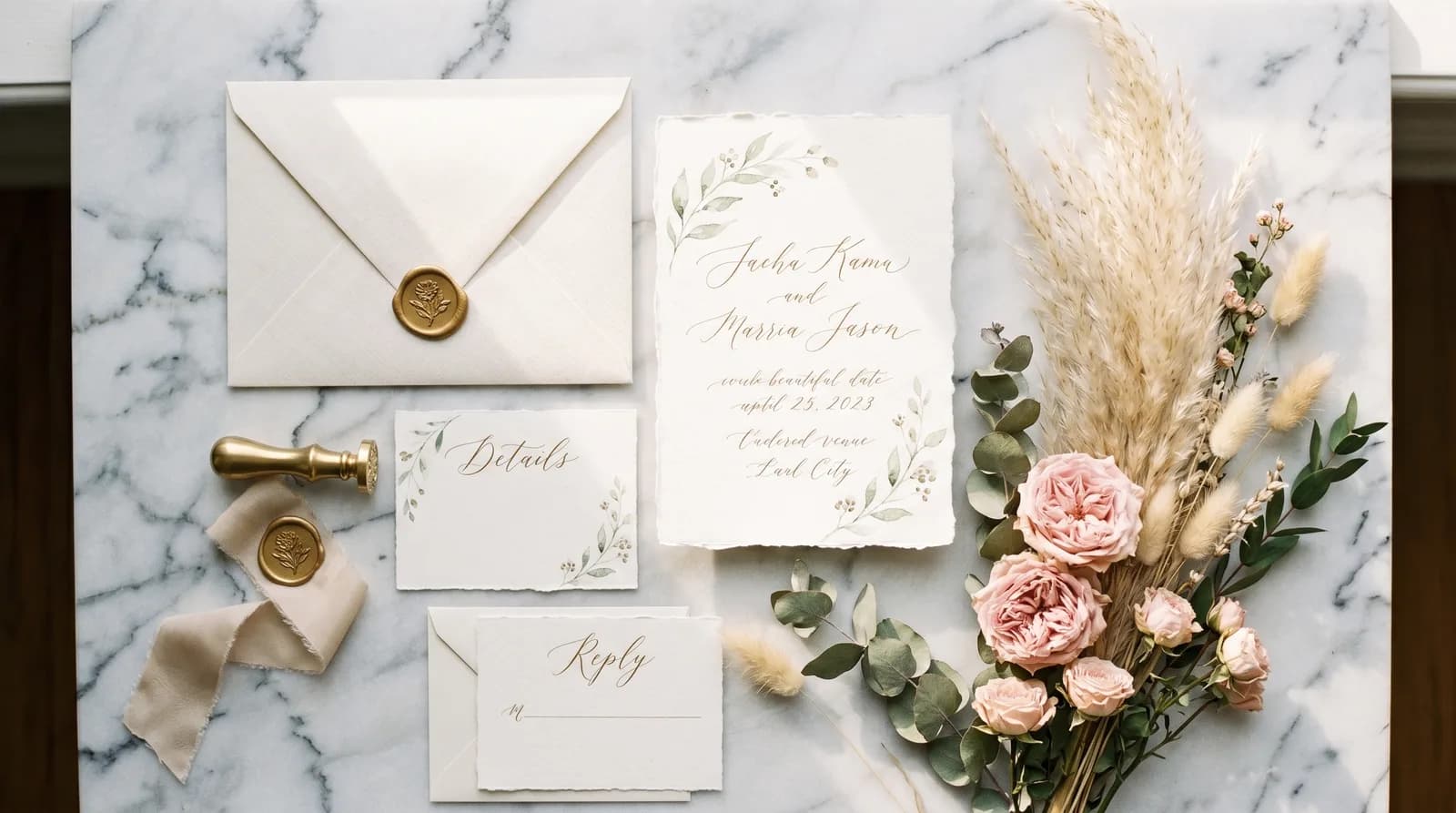 Elegant wedding invitation flat lay with flowers and stationery
