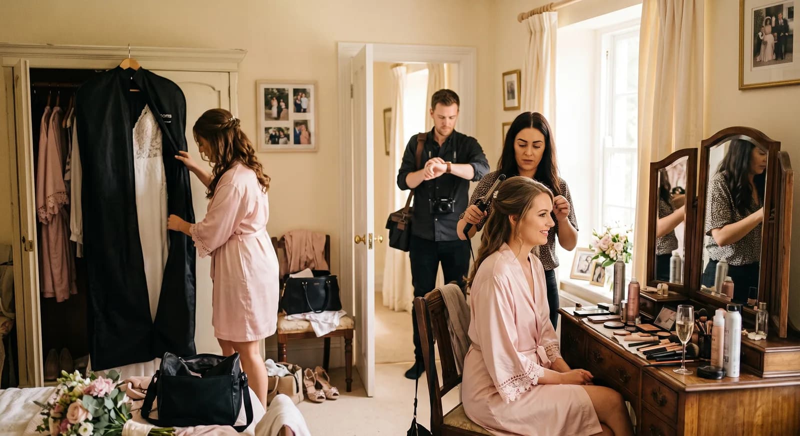 Braut beim Getting Ready, während der Hochzeitsfotograf wartet