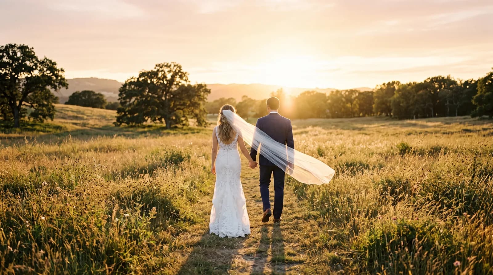 Brautpaar beim Shooting zur goldenen Stunde am Hochzeitstag