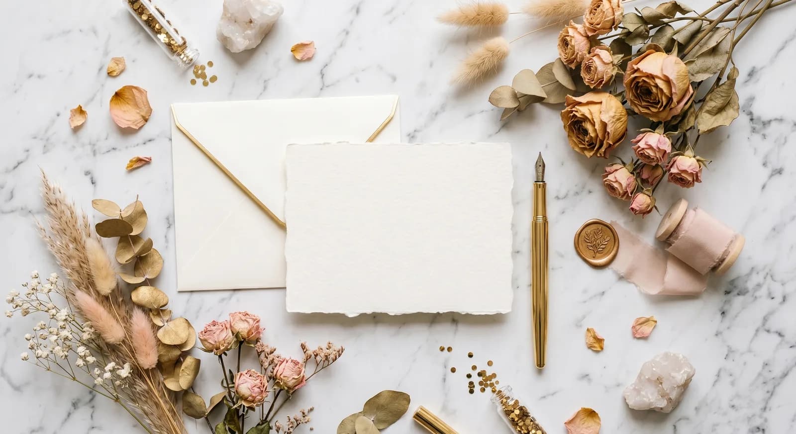 Elegante Antwortkarte auf Marmortisch mit goldenem Stift und Trockenblumen