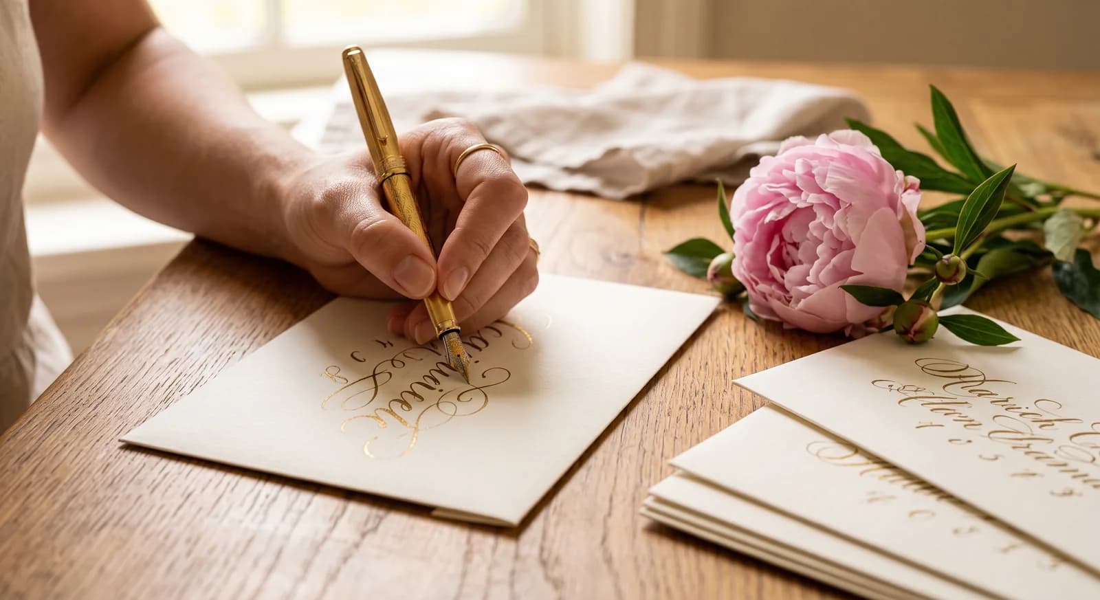 Hand addressing a wedding envelope with a fountain pen in elegant calligraphy