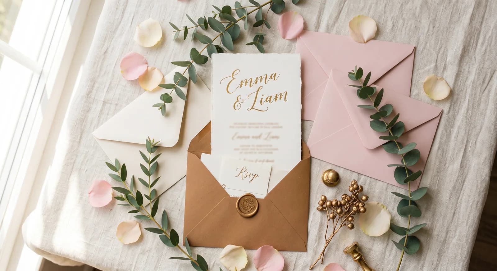 Elegant wedding invitation suite with calligraphy names, envelopes and a wax seal