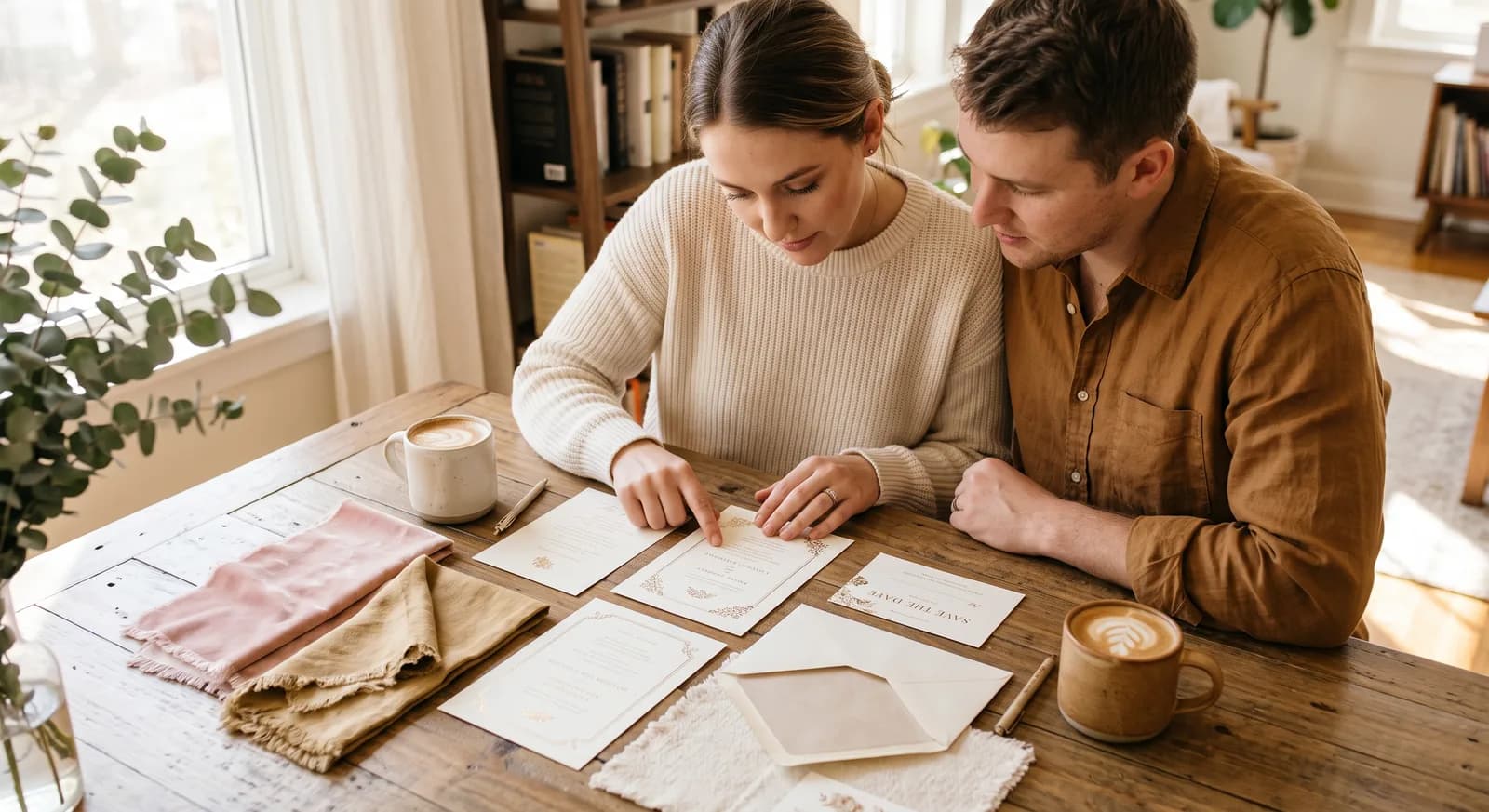 Couple reviewing wedding stationery proofs together at a table