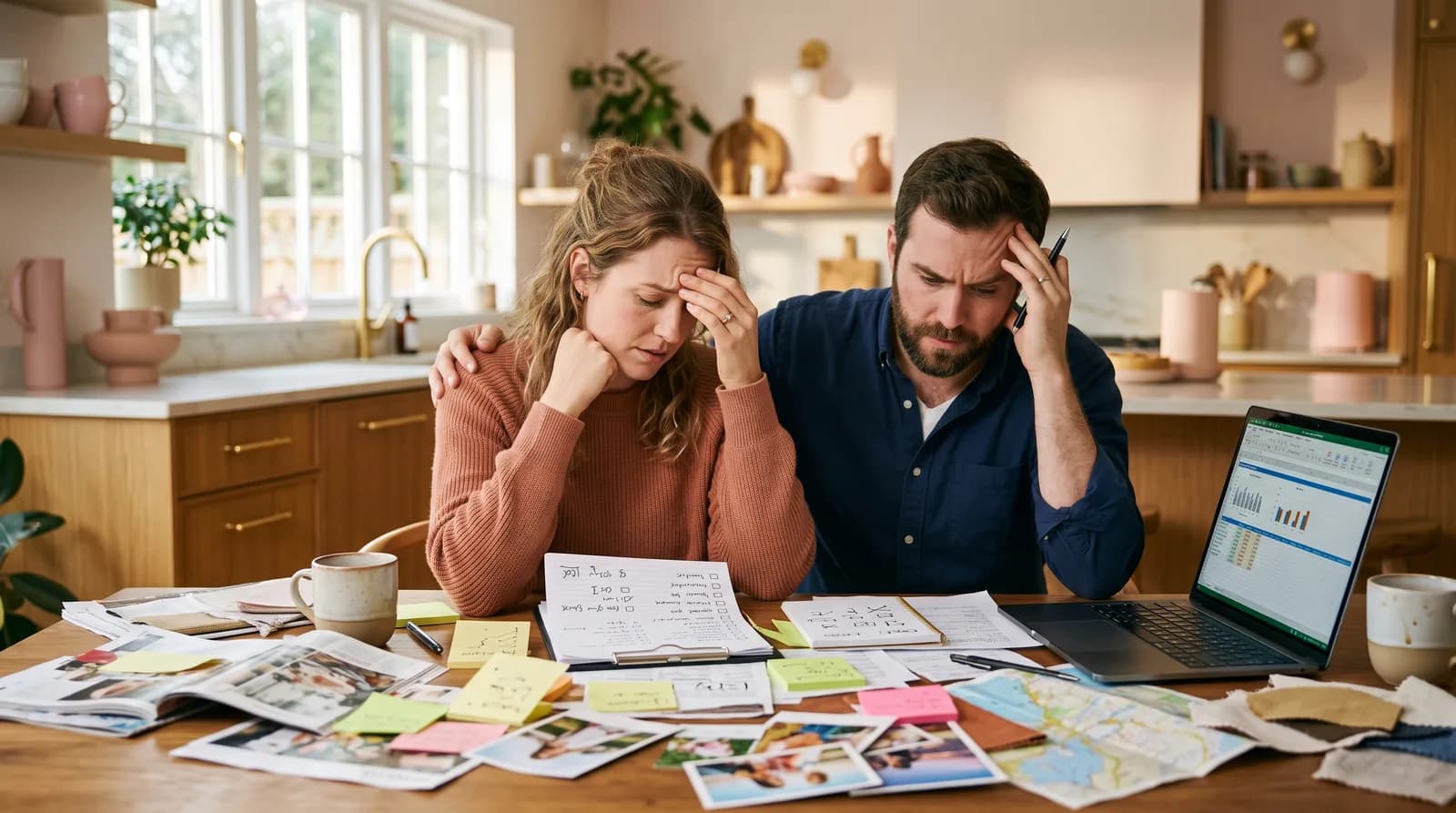 Overwhelmed couple at a kitchen table covered in wedding checklists, printouts and sticky notes
