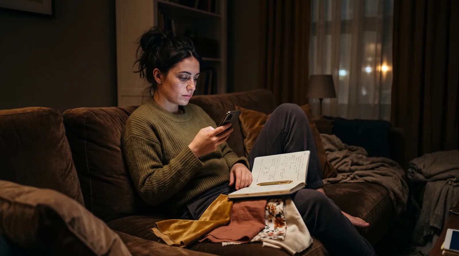 One partner planning a wedding alone late at night, face lit by a phone screen