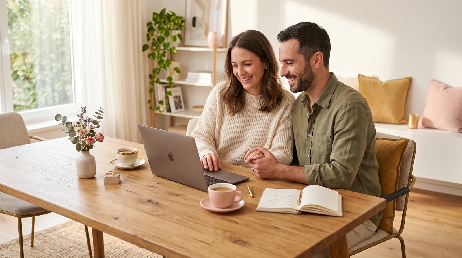 Relaxed couple planning their wedding together on one laptop at a tidy table