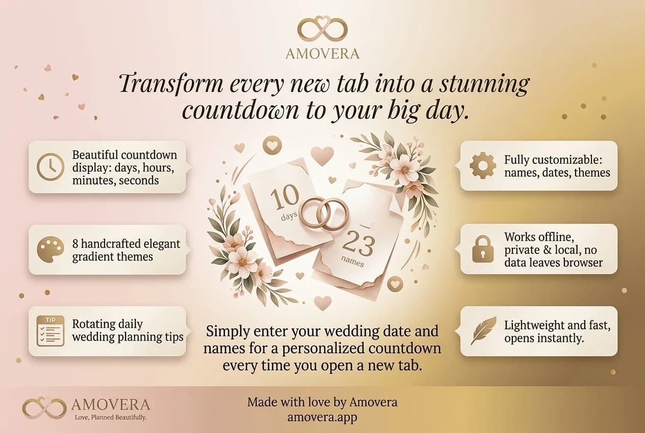 Every new tab shows a live countdown to your wedding. Free Chrome extension with 8 themes and zero data collection.